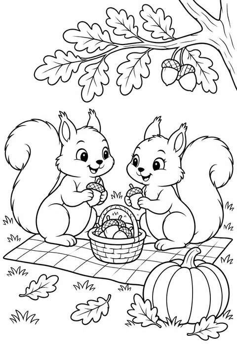 Two squirrels share acorns on a picnic mat beneath an oak branch, with a basket and pumpkin nearby.