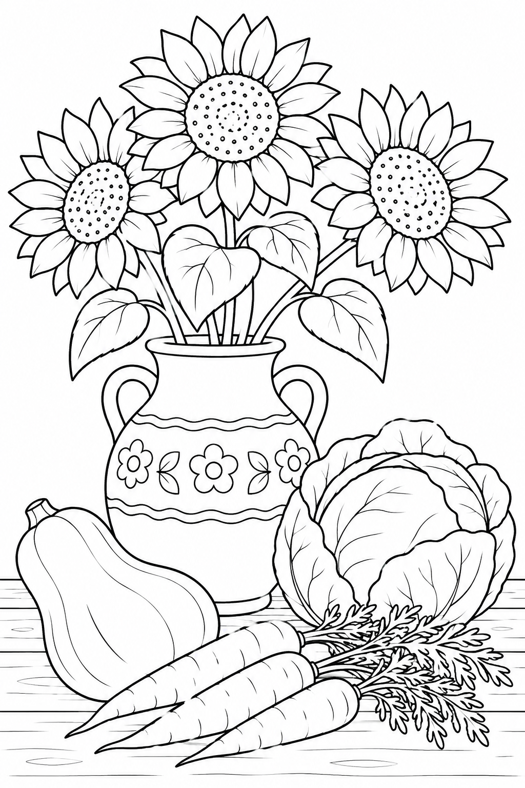 Three sunflowers fill a patterned vase beside squash, cabbage and carrots. Color the petals and autumn vegetables for Thanksgiving.