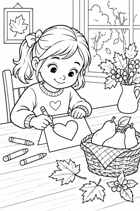 A child draws a heart on a folded card beside crayons, pears and a vase of autumn leaves.
