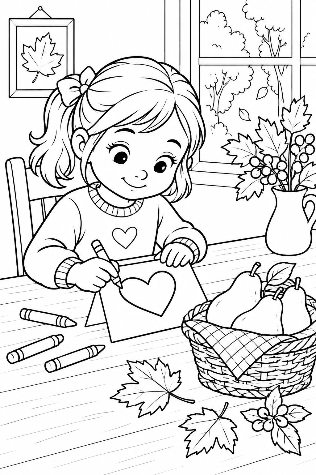 A child draws a heart on a folded card beside crayons, pears and a vase of autumn leaves.