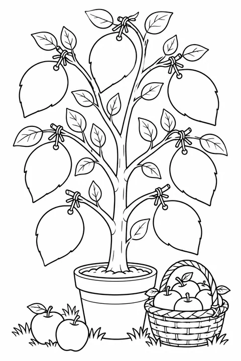 Blank leaf-shaped cards hang from a potted tree beside a basket of apples, ready for your thankful thoughts.