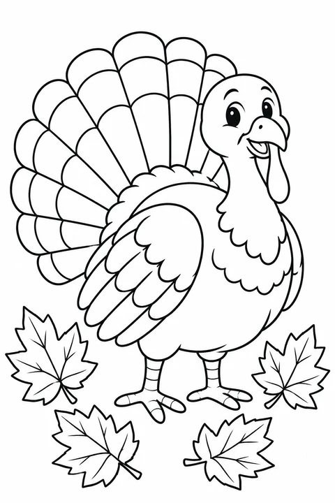 Ein fröhlicher Truthahn fächert seine großen Schwanzfedern auf. Unter ihm liegen vier Herbstblätter.