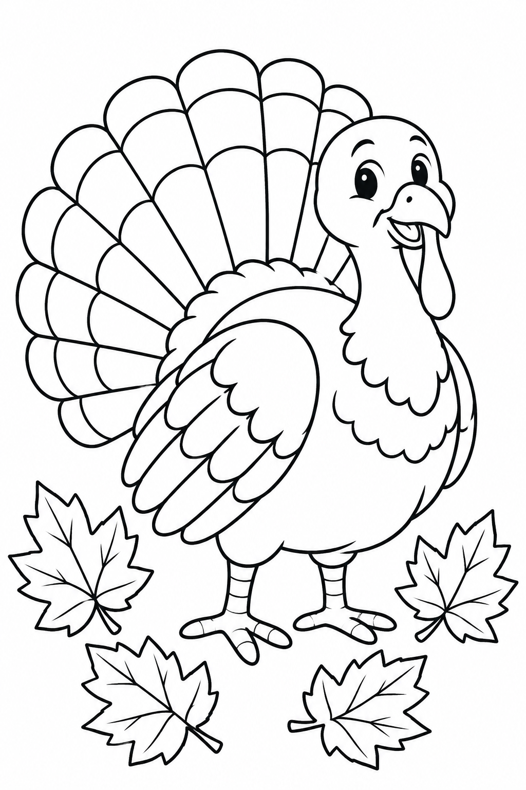 Ein fröhlicher Truthahn fächert seine großen Schwanzfedern auf. Unter ihm liegen vier Herbstblätter.