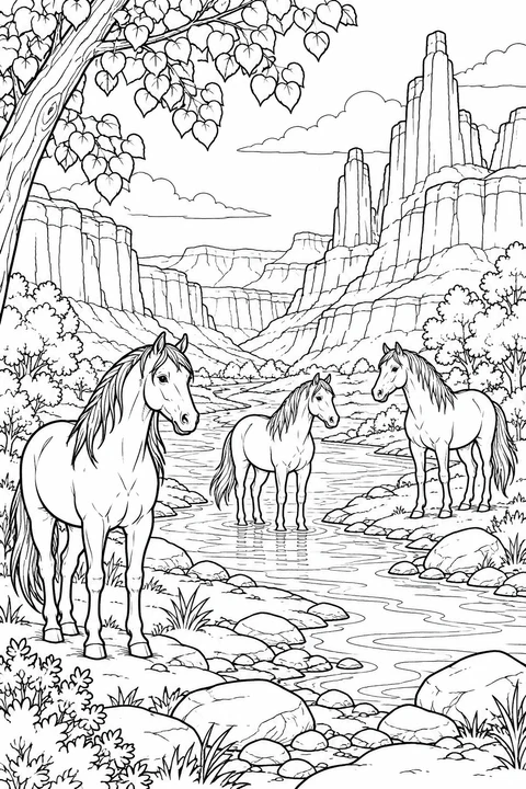 Three horses stand beside and in a shallow river between tall canyon walls, rocks and leafy trees.