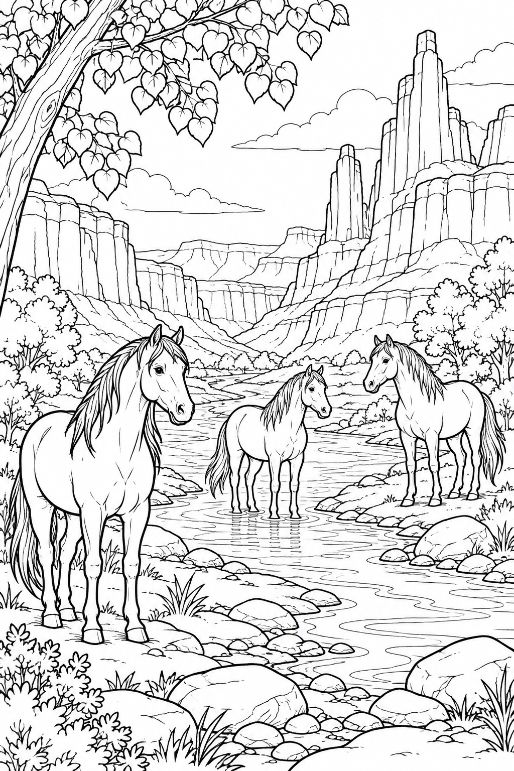 Three horses stand beside and in a shallow river between tall canyon walls, rocks and leafy trees.