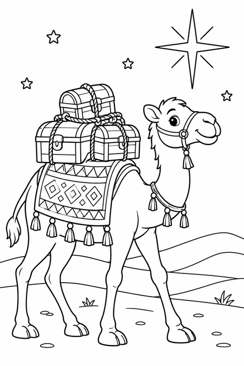 A friendly camel carries three gift chests on a patterned saddle blanket beneath the stars.