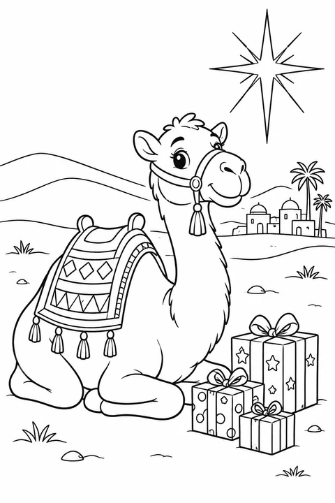 A smiling camel with a patterned saddle blanket rests beside gifts beneath a guiding star.