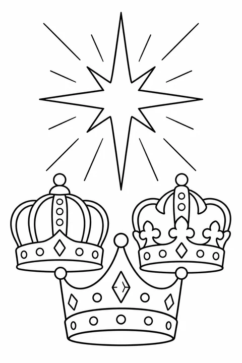 Three different crowns decorated with round and diamond-shaped jewels sit beneath a radiant guiding star.