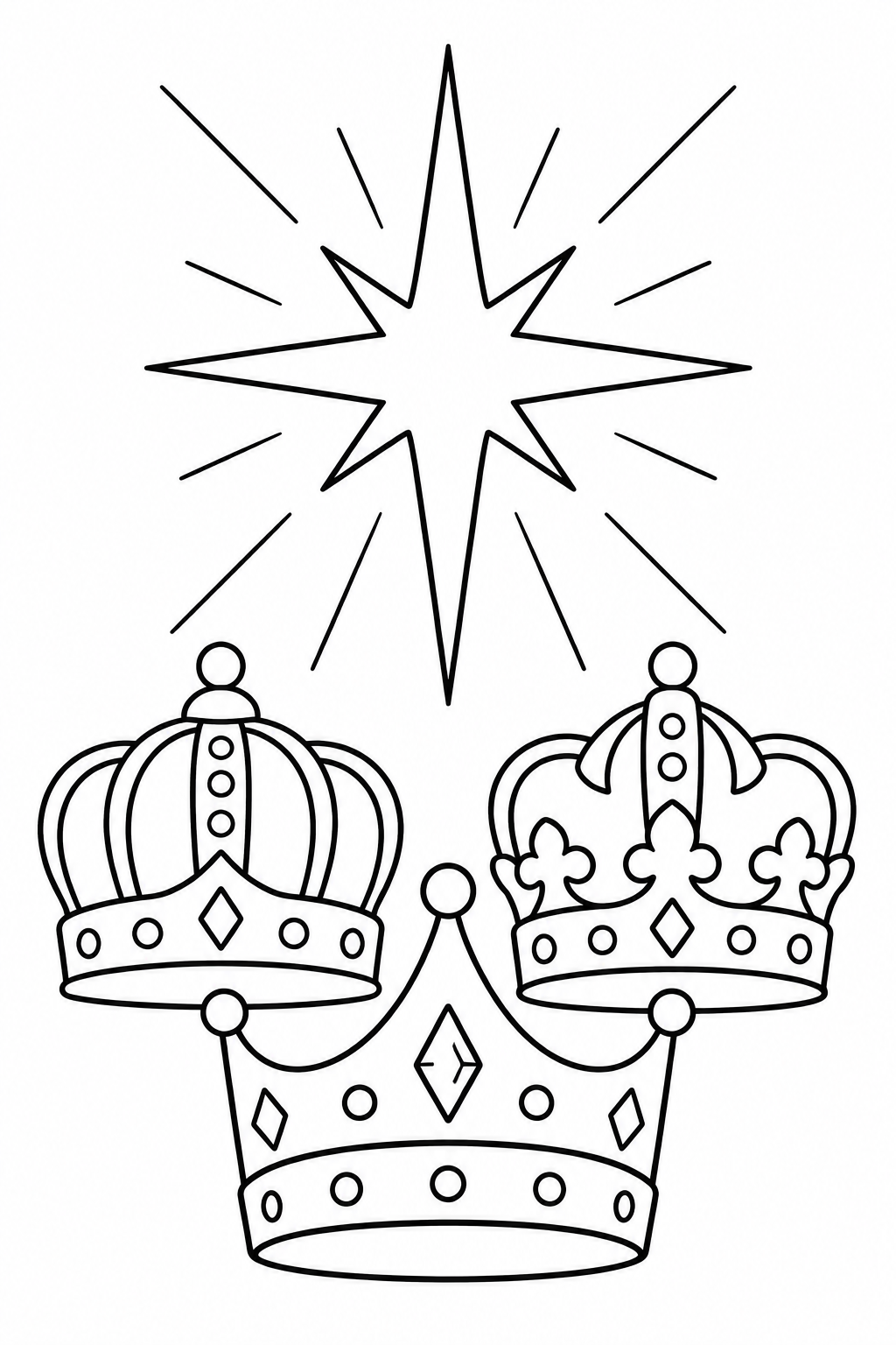 Three different crowns decorated with round and diamond-shaped jewels sit beneath a radiant guiding star.