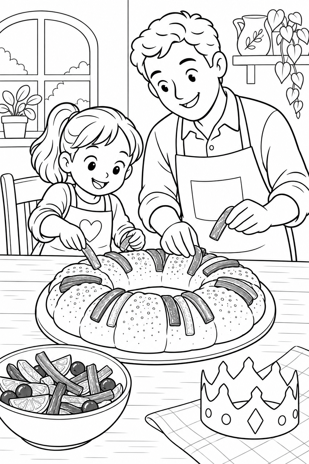 A parent and child in aprons decorate a ring-shaped festive bread with candied fruit beside a paper crown.