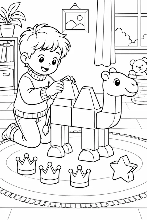 A child kneels beside a camel built from blocks, three paper crowns and a star block. Color the simple shapes and imagine a Three Kings Day story.