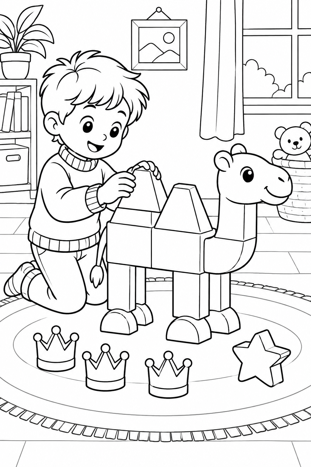 A child kneels beside a camel built from blocks, three paper crowns and a star block. Color the simple shapes and imagine a Three Kings Day story.