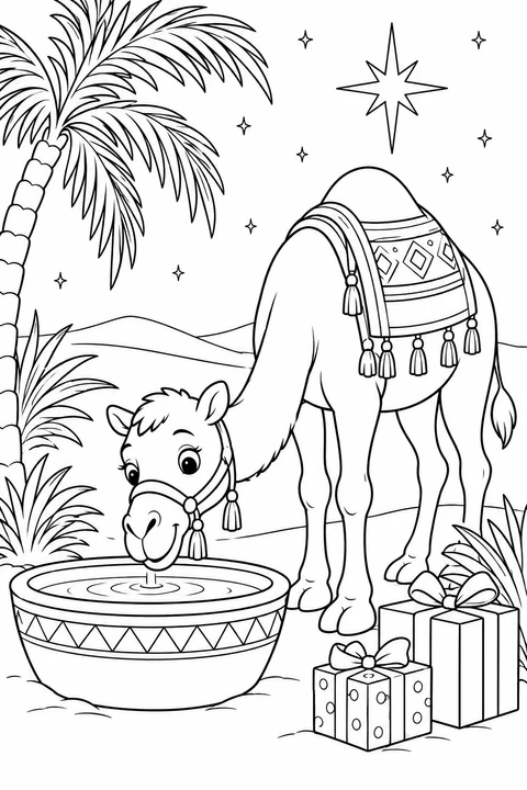 A friendly camel drinks from a decorated water bowl beside wrapped gifts and palm leaves beneath a large star.