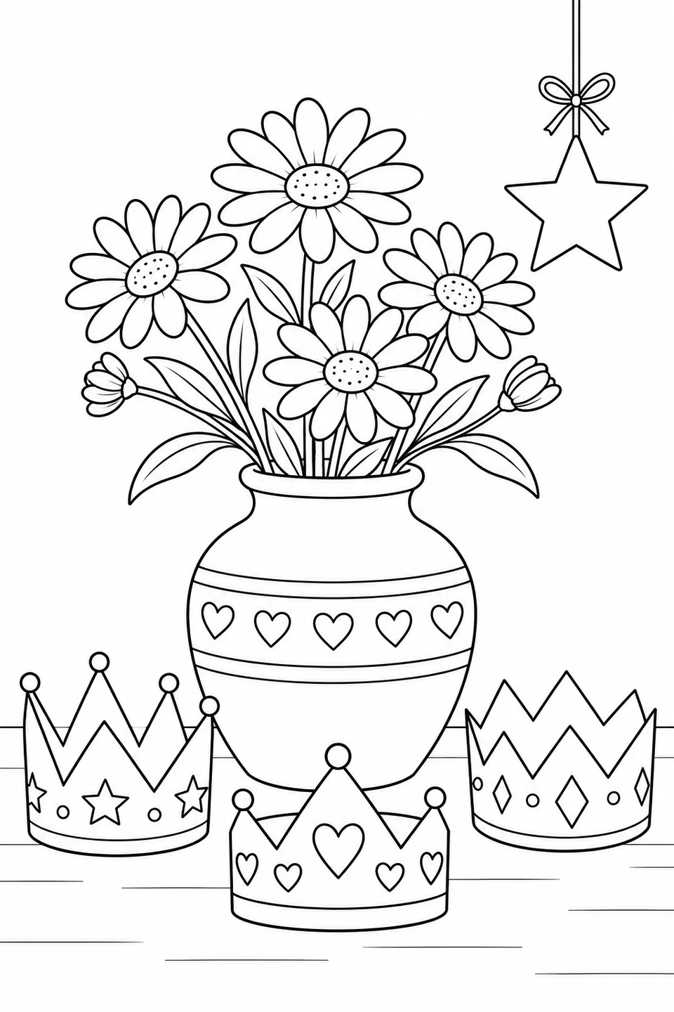 A vase of daisies stands among three differently decorated paper crowns. A hanging star completes this simple Three Kings Day still life.