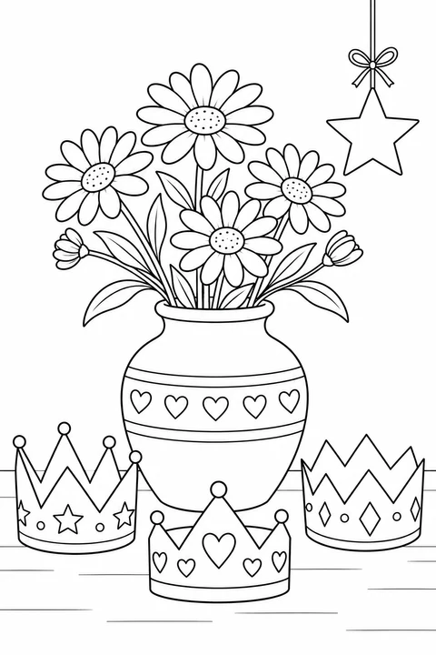 A vase of daisies stands among three differently decorated paper crowns. A hanging star completes this simple Three Kings Day still life.