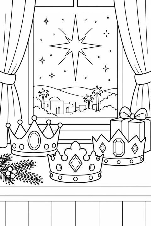 Three different crowns and a wrapped gift sit on a windowsill beneath a bright guiding star.