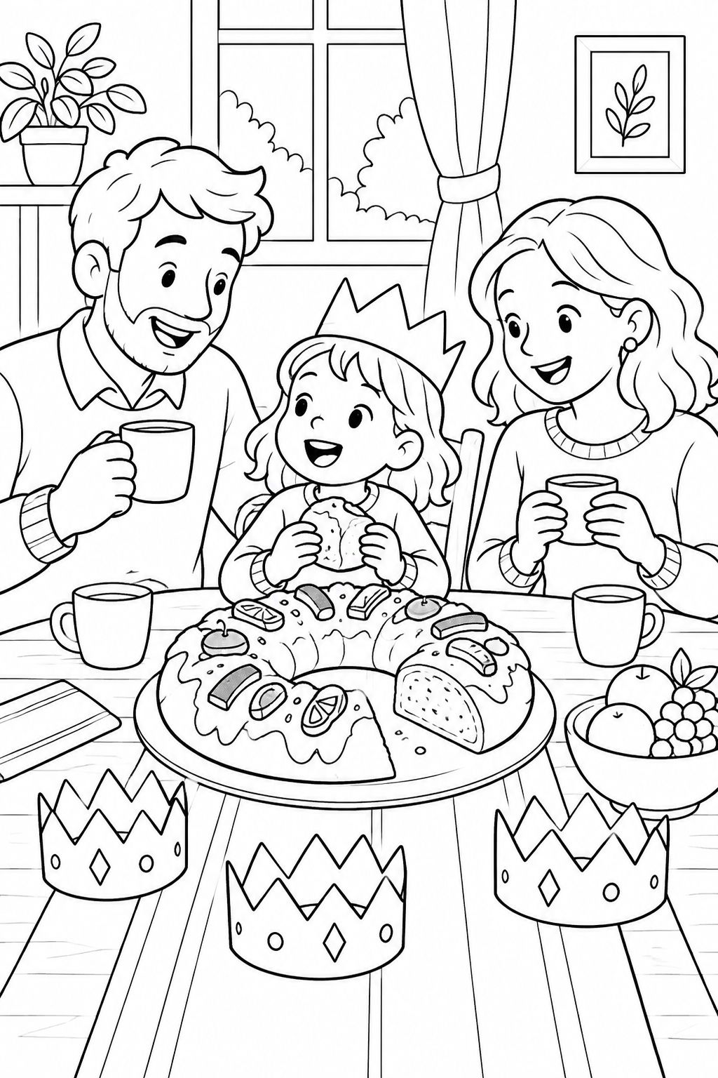 Two adults and a child share a ring-shaped festive bread topped with candied fruit at a table with paper crowns, cups and a fruit bowl.