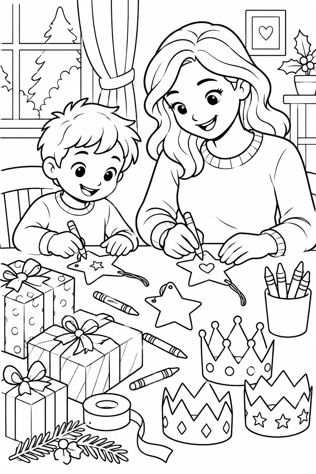 A mother and child draw hearts and stars on blank star-shaped gift tags. Three paper crowns, wrapped gifts and crayons fill their craft table.
