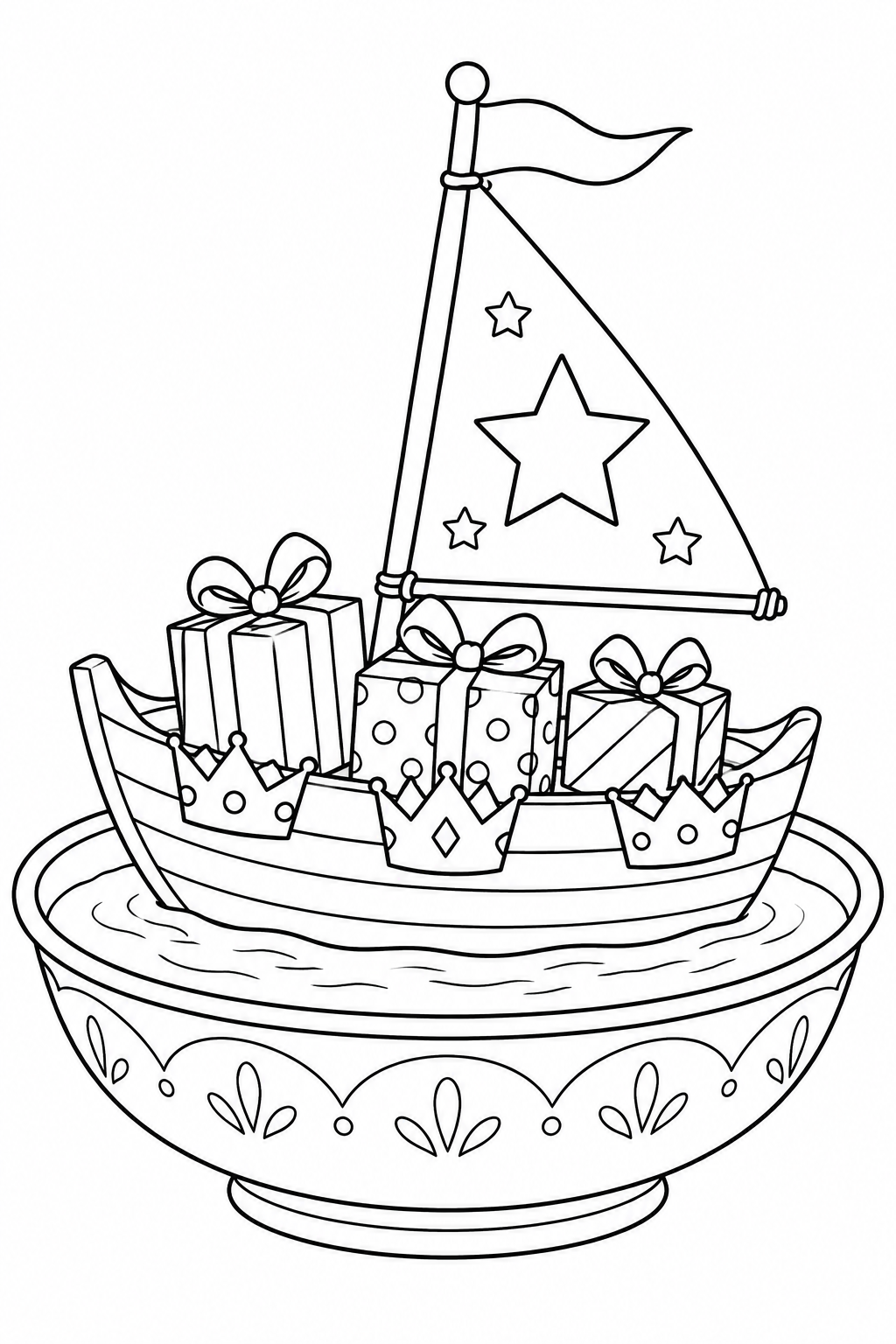 A toy sailboat with a star-covered sail carries three gifts and paper crowns in a patterned water bowl.