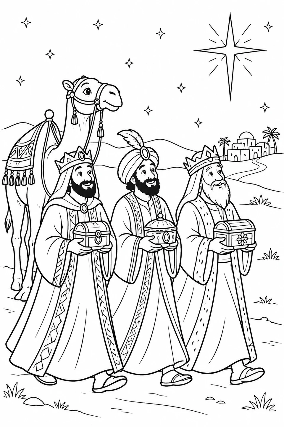 Los tres Reyes Magos, sonrientes y con largas túnicas, llevan regalos junto a un camello bajo la estrella que los guía.