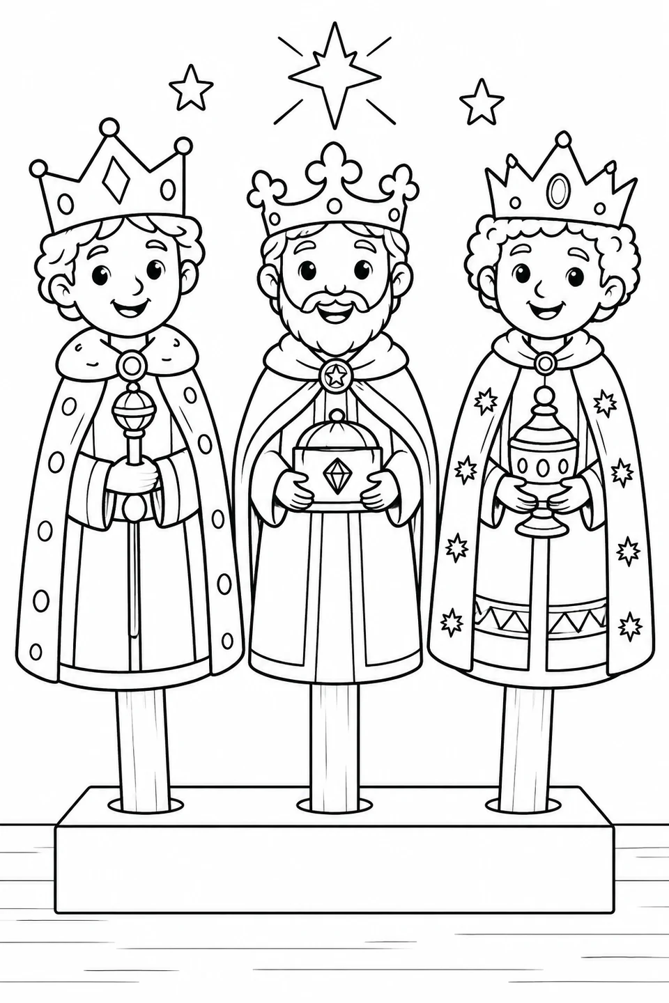 Three friendly king puppets stand on sticks in a holder, each with a different crown, cloak and gift. Color their outfits for a Three Kings Day puppet show.