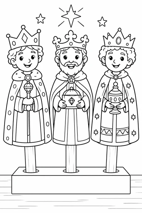 Trois Rois mages souriants sur bâtonnets se tiennent dans un support, chacun avec sa couronne, son manteau et son cadeau. Colorie leurs habits pour un spectacle de l'Épiphanie.