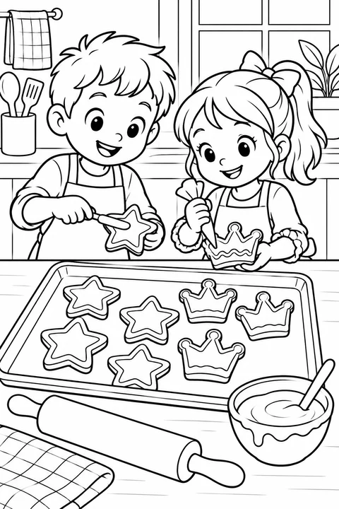 Deux enfants décorent des biscuits en forme d'étoiles et de couronnes sur une plaque. Un bol de glaçage et un rouleau complètent cet atelier de l'Épiphanie.