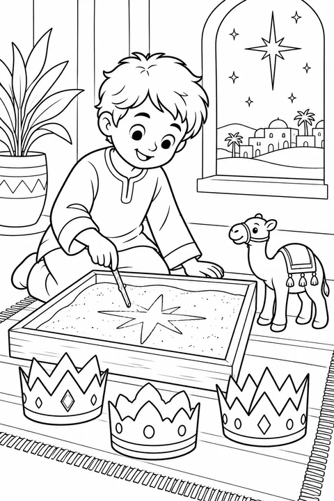 Un enfant trace une étoile avec un bâtonnet dans un bac de sable peu profond. Trois couronnes en papier et un chameau jouet accompagnent l'activité de l'Épiphanie.