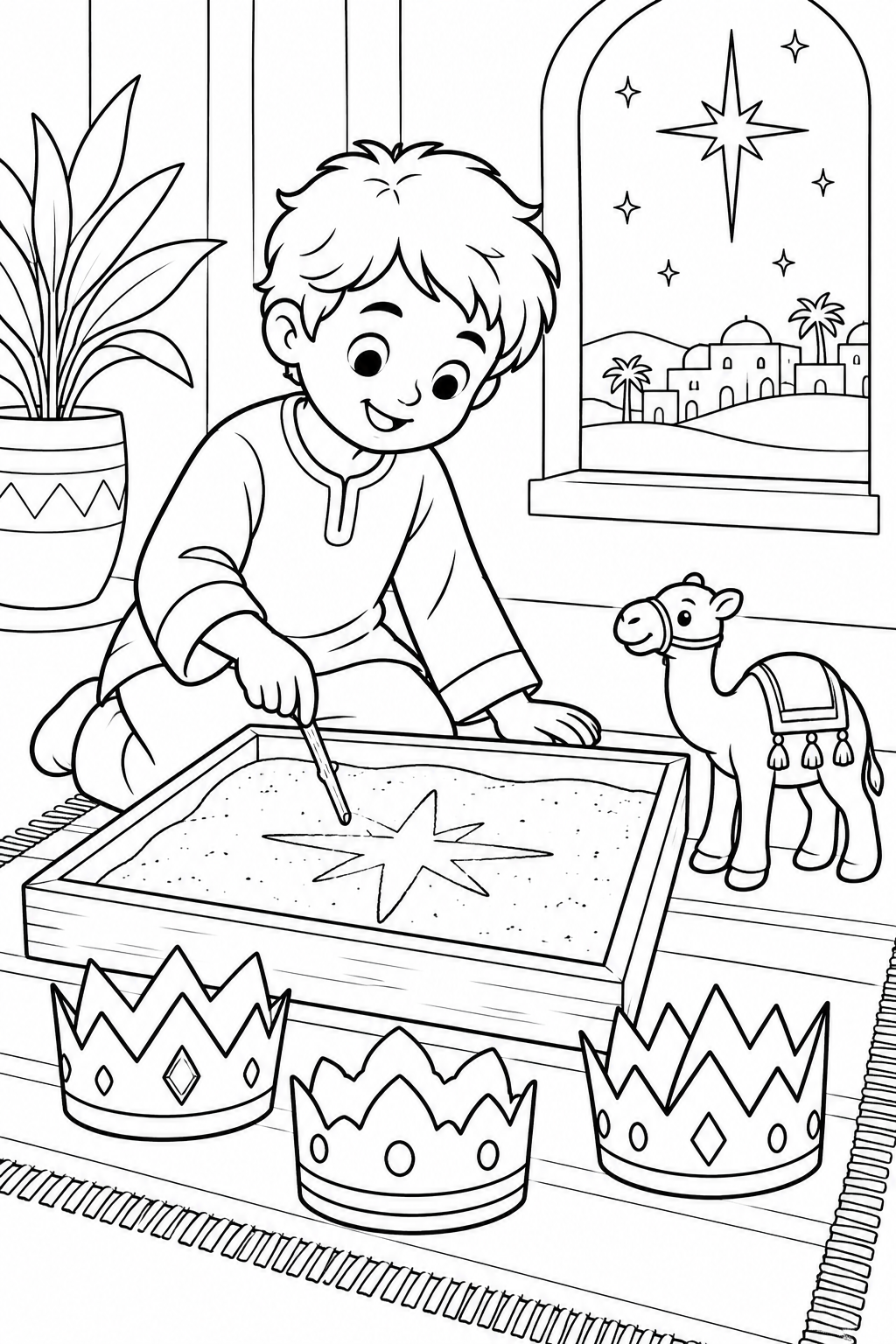 Un enfant trace une étoile avec un bâtonnet dans un bac de sable peu profond. Trois couronnes en papier et un chameau jouet accompagnent l'activité de l'Épiphanie.