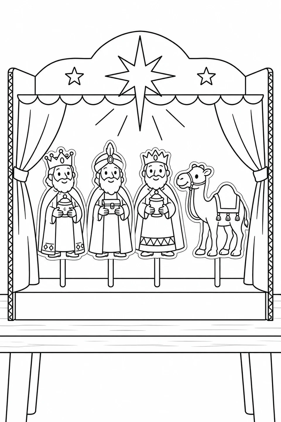 Ein kleines Papptheater zeigt Papierfiguren der drei Könige, ein Kamel und den wegweisenden Stern. Male die offenen Vorhänge aus und stelle dir ihre Reise auf der weißen Bühne vor.