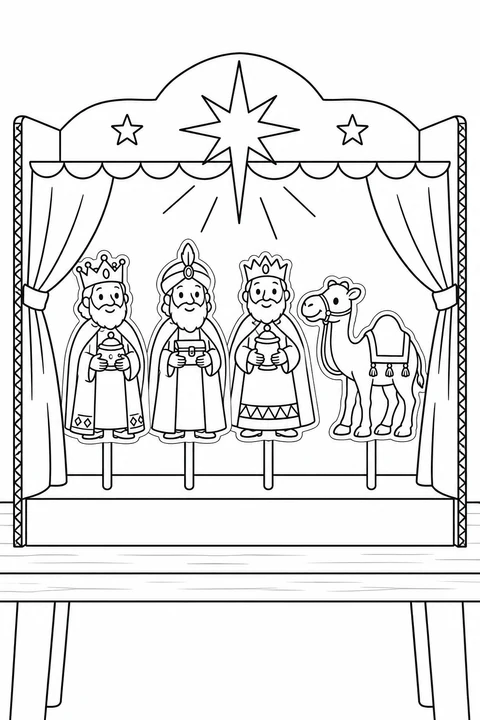 Un petit théâtre en carton présente trois Rois mages en papier, un chameau et leur étoile. Colorie les rideaux ouverts et imagine leur voyage sur la scène blanche.