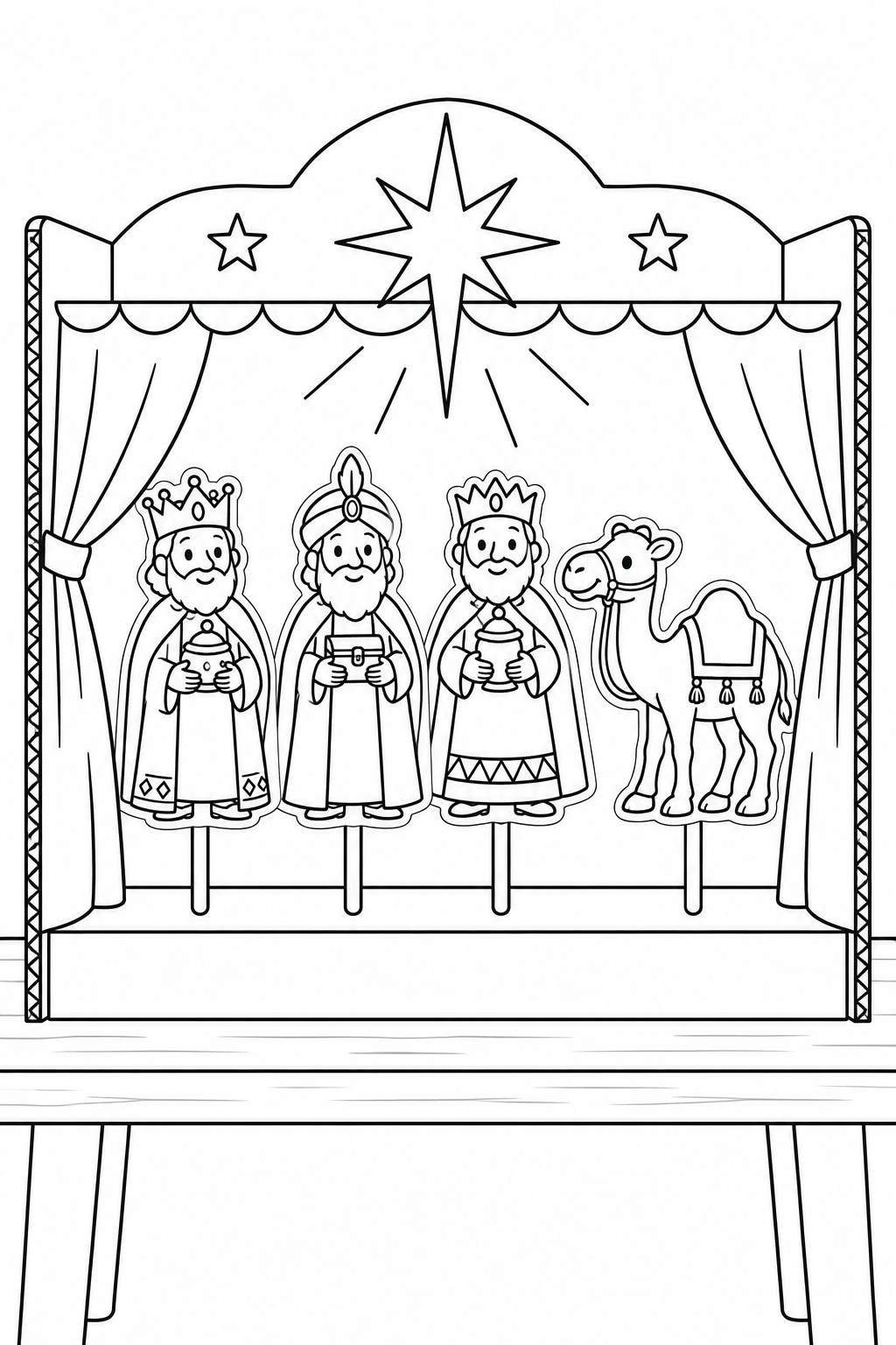 Een kartonnen tafeltheater bevat papieren figuren van drie koningen, een kameel en de leidende ster. Kleur de open gordijnen en verbeeld hun reis op het witte toneel.
