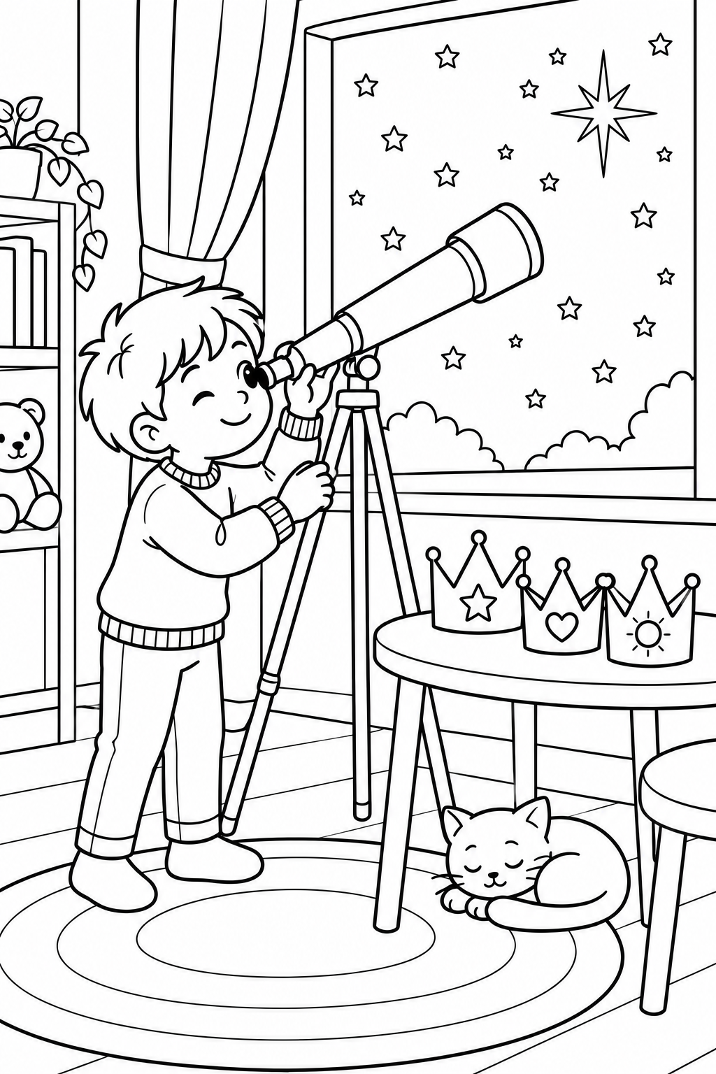 Un enfant observe le ciel étoilé au télescope, près de trois couronnes en papier et d’un chat endormi.