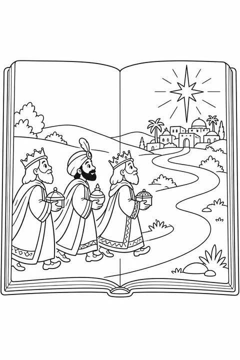Un livre illustré ouvert montre les trois Rois mages portant des cadeaux sur un chemin sinueux vers un village. Une grande étoile guide leur voyage.