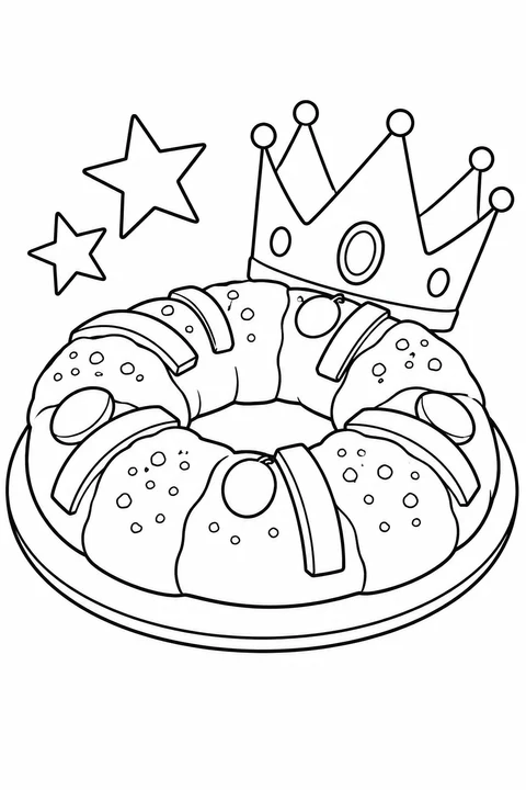 Une couronne des Rois garnie de fruits confits repose sur une assiette, près d’une couronne en papier et d’étoiles.