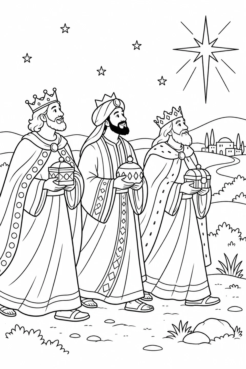 I tre Re Magi con lunghe vesti portano doni e seguono una stella tra dolci colline.