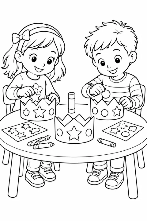 Deux enfants décorent des couronnes en papier avec des autocollants et des crayons de cire à une table de bricolage.