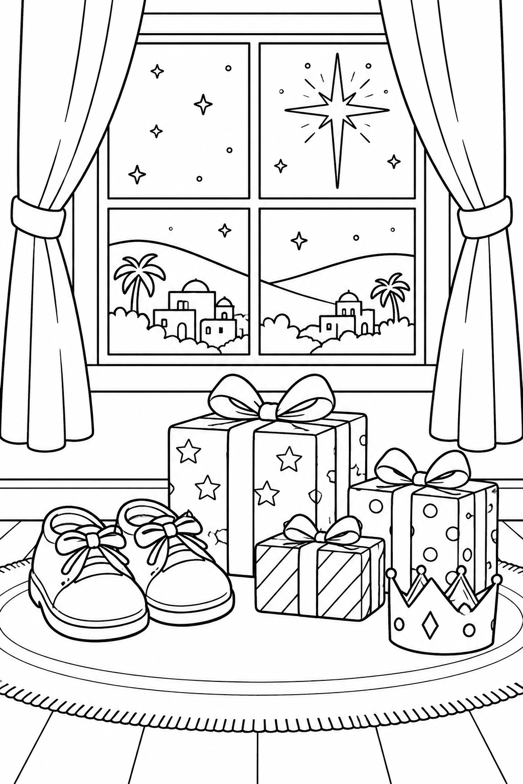 A pair of shoes, wrapped gifts and a paper crown wait beneath a window with a bright star outside.