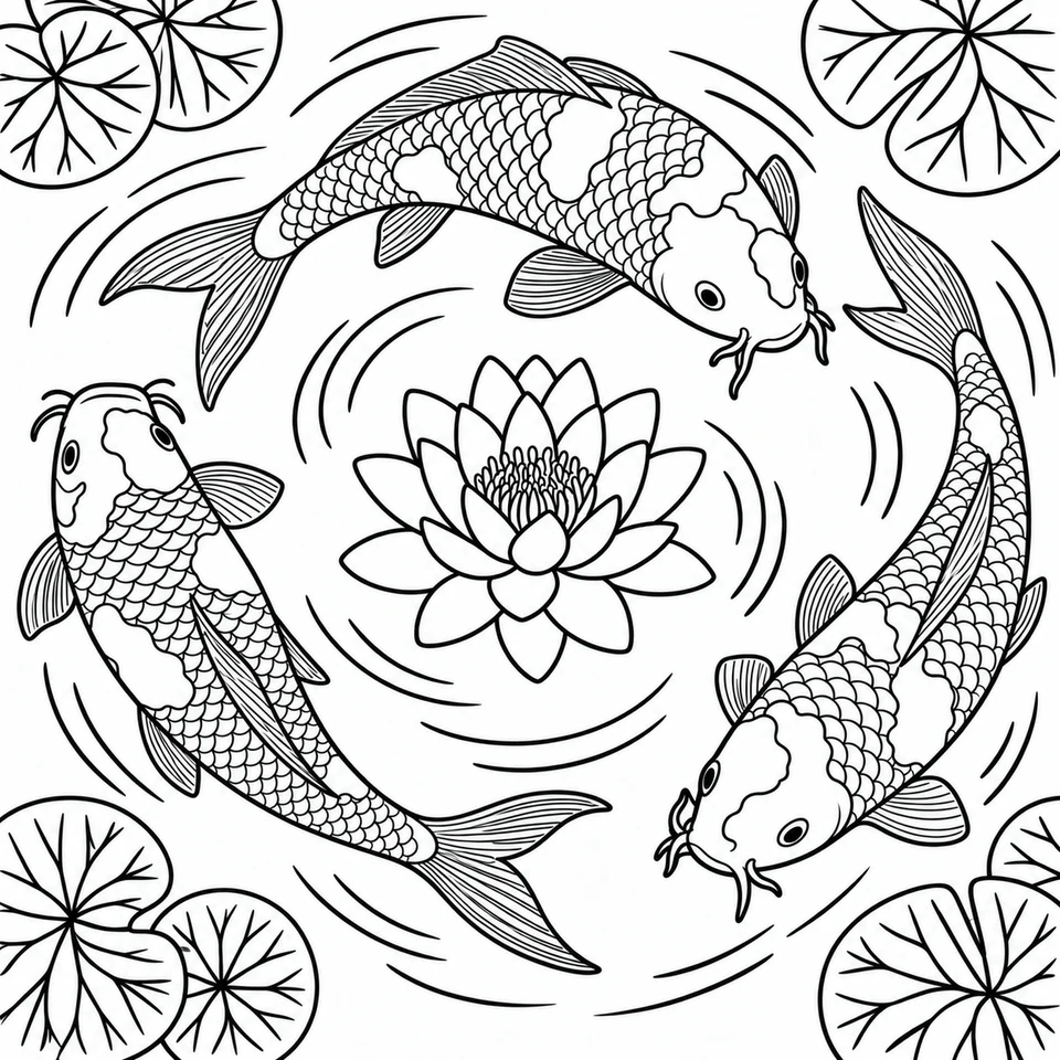 Drei Kois schwimmen locker im Kreis um eine offene Seerose, mit Blättern und Wasserringen am Rand.