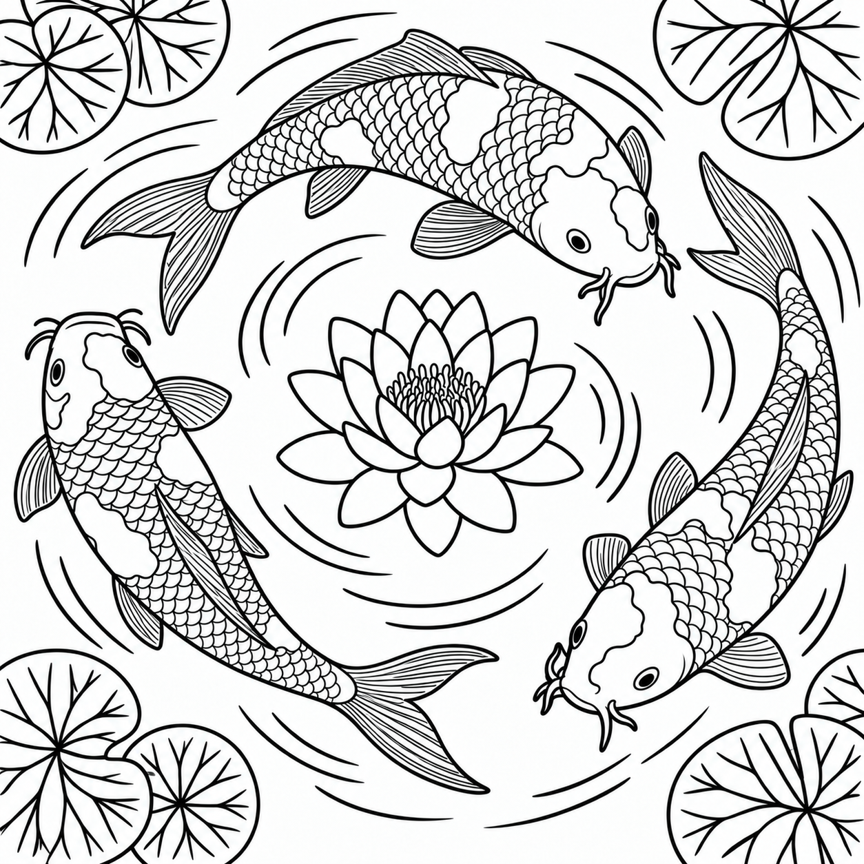 Drei Kois schwimmen locker im Kreis um eine offene Seerose, mit Blättern und Wasserringen am Rand.