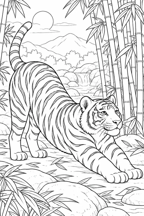 A tiger stretches its front legs between bamboo stems, with scattered leaves, rounded rocks and a small waterfall behind it.