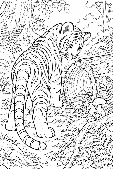 A tiger looks back beside a hollow fallen log, surrounded by mushrooms, ferns and exposed roots.