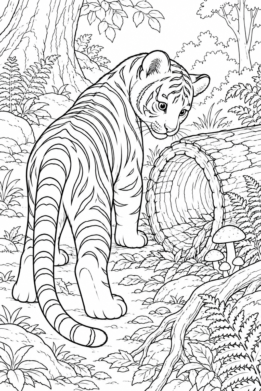 A tiger looks back beside a hollow fallen log, surrounded by mushrooms, ferns and exposed roots.