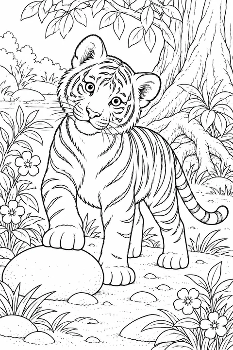 A small tiger tilts its head and places one front paw on a rounded stone among flowers and tree roots.