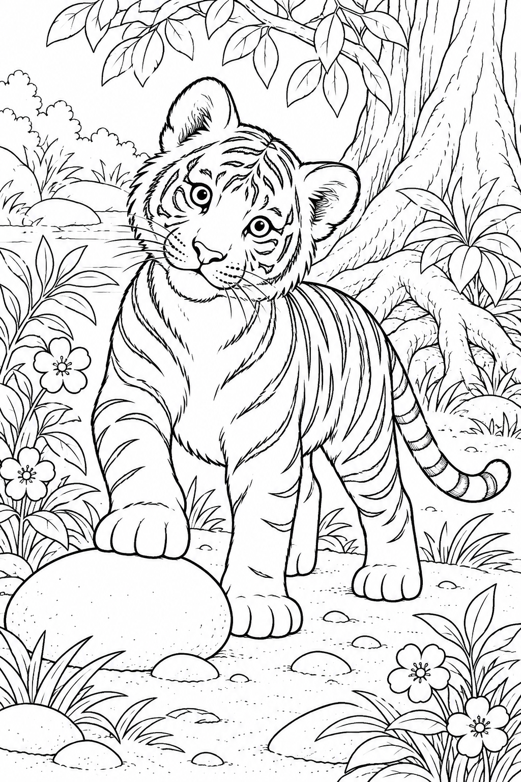 A small tiger tilts its head and places one front paw on a rounded stone among flowers and tree roots.