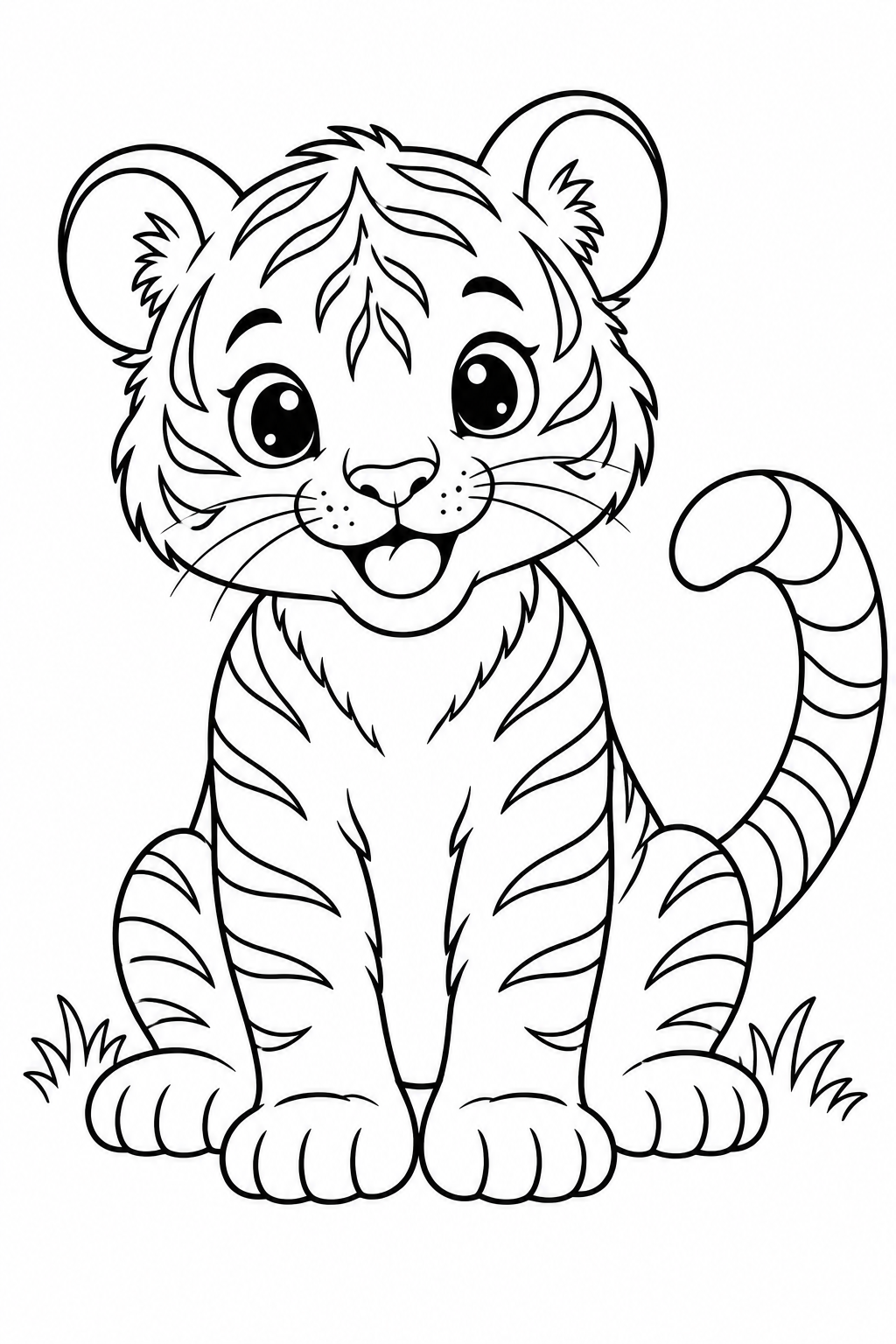 Um filhote de tigre sorridente está sentado com as patas dianteiras juntas e a cauda listrada curvada ao lado.