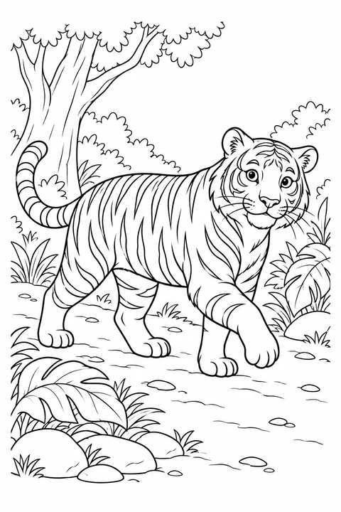 A tiger lifts a front paw on a forest path surrounded by broad leaves, trees and stones.