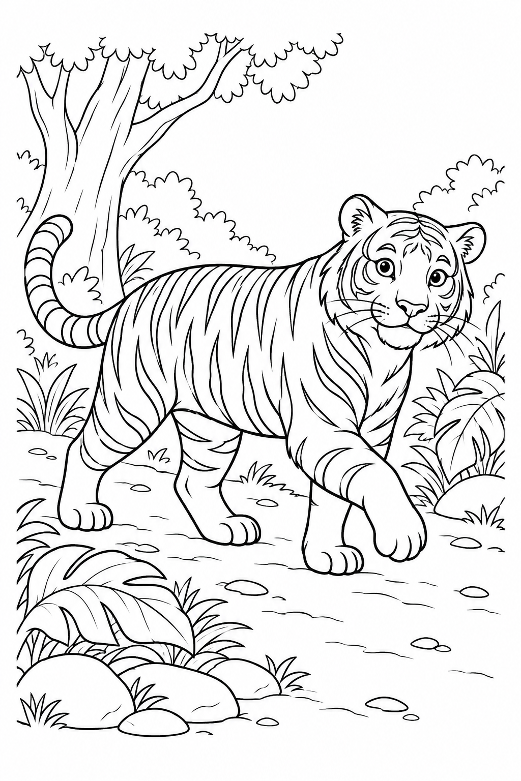 A tiger lifts a front paw on a forest path surrounded by broad leaves, trees and stones.