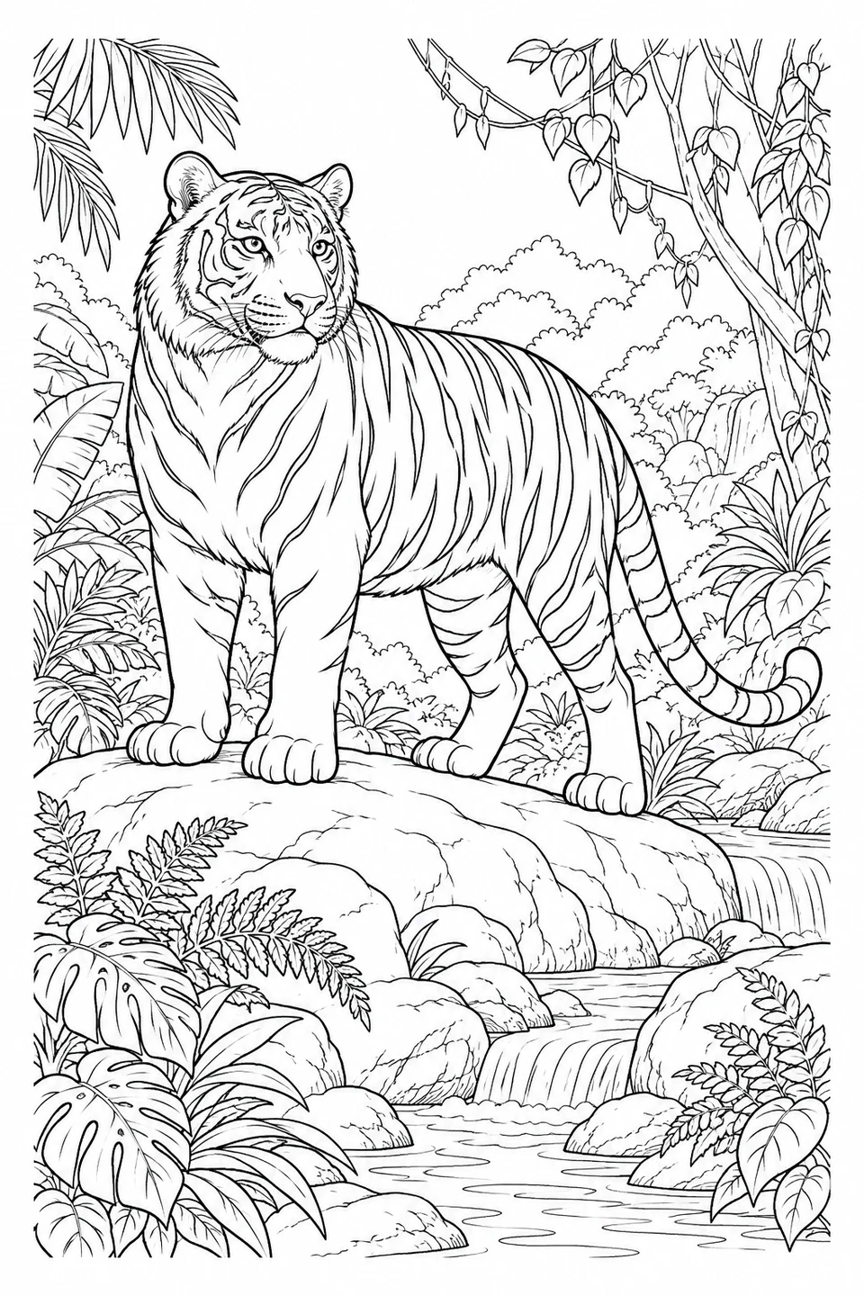 A tiger stands on a rock above a stream, surrounded by ferns, vines and broad jungle leaves.