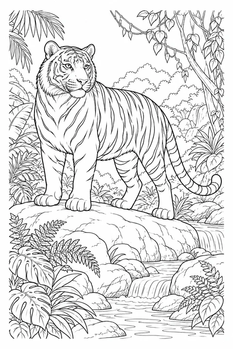 A tiger stands on a rock above a stream, surrounded by ferns, vines and broad jungle leaves.